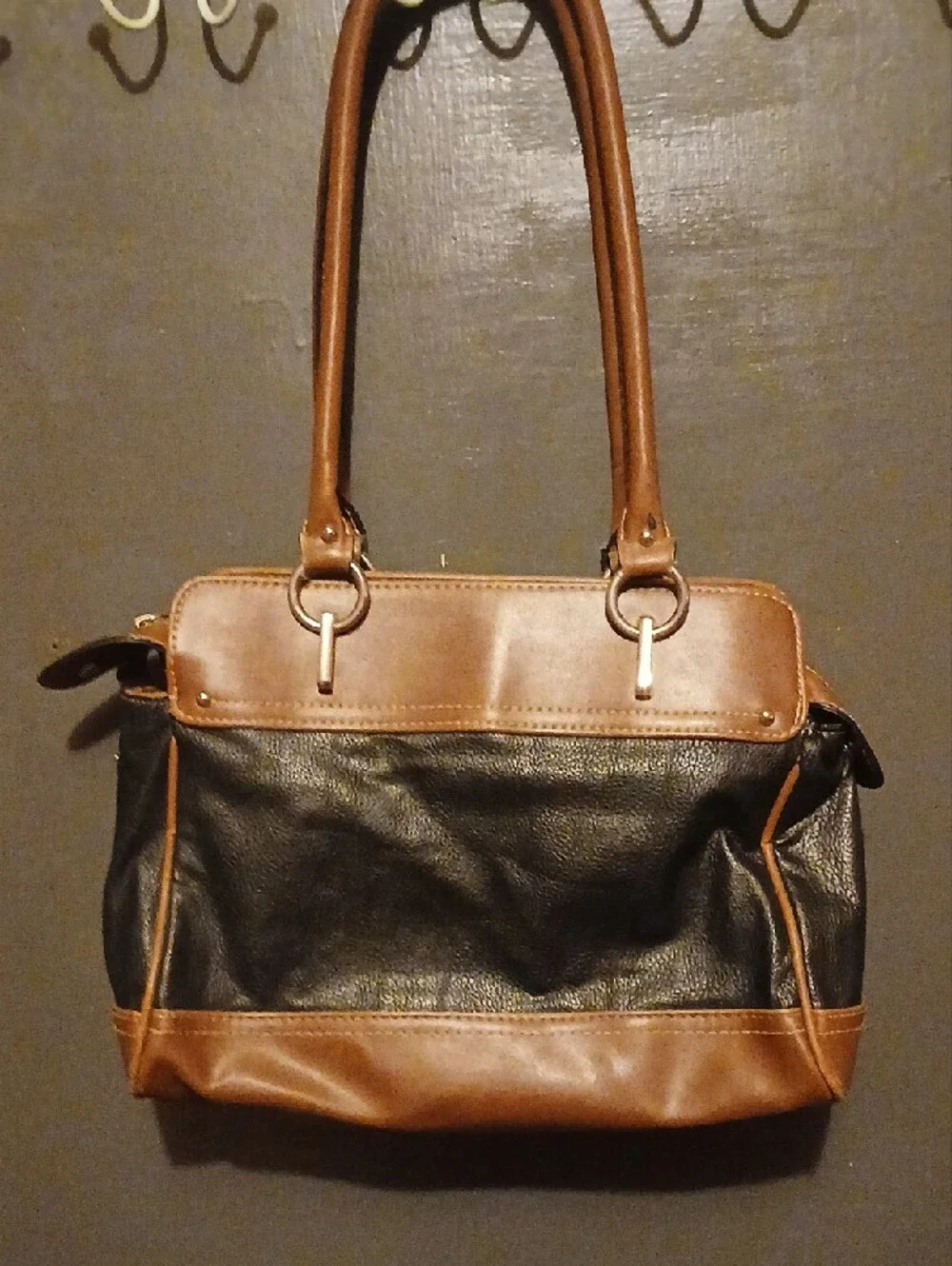 Chaps Black and Brown Leather-Trim Shoulder Bag